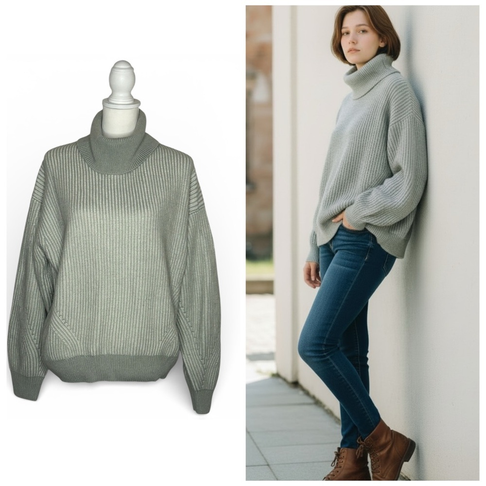 DKNY Heather Gray Cream Cowl Neck Sweater EUC women’s size XL cozy timeless